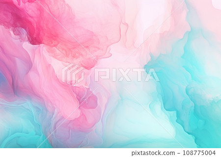 Abstract background of liquid watercolor paint, colors smoothly mixing and flowing into each other, in delicate pastel pink red turquoise blue colors. Color mixture in the water. Copy Space. Design. 108775004