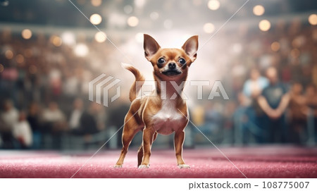 Pedigreed purebred Chihuahua dog at exhibition of purebred dogs. Dog show. Animal exhibition. Competition for the most purebred dog. Winner, first place. beige color. Advertising, banner, poster card Pedigreed purebred Chihuahua dog at exhibition of purebred dogs. Dog show. Animal exhibition. Competition for the most purebred dog. Winner, first place. beige color. Advertising, banner, poster card 108775007