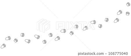 Path of bear footprints. Tracks of paw prints of bear, panda, grizzly bear in the snow. Contour. Bear trail. Vector isolated on white. For print, textile, postcard, book design, games, pet store zoo. 108775040