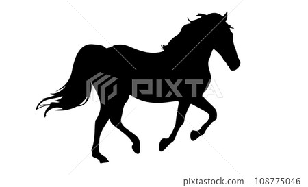 Horse black silhouette. Running or walking horse or mustang. Vector isolated on white. Hooves. Icon, badge, emblem. Design for print, hippodrome, horse racing, farm, stud farm, zoo, equestrian club. Horse black silhouette. Running or walking horse or mustang. Vector isolated on white. Hooves. Icon, badge, emblem. Design for print, hippodrome, horse racing, farm, stud farm, zoo, equestrian club. 108775046