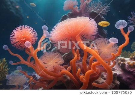 Underwater Coral Flowers: Captivating Abstract Background of Coralline Anemone and Corals. Generative AI. 108775080