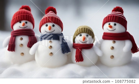 Christmas Background Banner Featuring a Group of Cute, Funny, Laughing Snowmen in Wool Hats and Scarves. Generative AI. 108775082