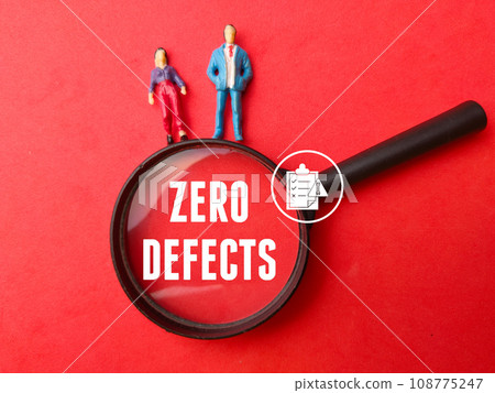 Miniature people,magnifying glass and icon with text ZERO DEFECTS on red background. Miniature people,magnifying glass and icon with text ZERO DEFECTS on red background. 108775247