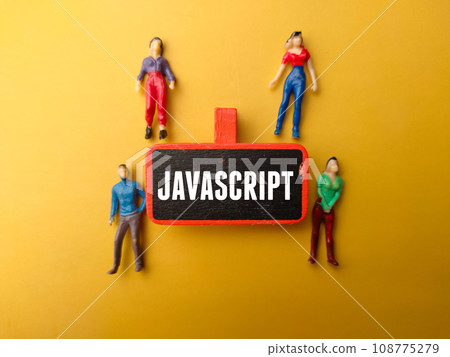 Wooden board and miniature people with text JAVASCRIPT on a yellow background. 108775279