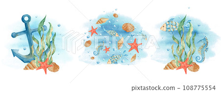 Set of watercolor underwater compositions with cute fishes, shells and seahorses and nautical anchor on blue watercolor splashes. Set of watercolor underwater compositions with cute fishes, shells and seahorses and nautical anchor on blue watercolor splashes. 108775554