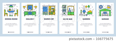 Web site onboarding screens. Home interior and furniture. Menu vector banner template for website and mobile app development. Modern design linear art flat illustration. Web site onboarding screens. Home interior and furniture. Menu vector banner template for website and mobile app development. Modern design linear art flat illustration. 108775675