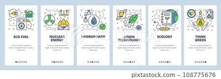 Web site onboarding screens. Ecology and green energy technology. Menu vector banner template for website and mobile app development. Modern design linear art flat illustration. Web site onboarding screens. Ecology and green energy technology. Menu vector banner template for website and mobile app development. Modern design linear art flat illustration. 108775676