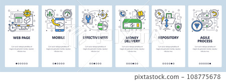 Web site onboarding screens. Repository, agile process . Menu vector banner template for website and mobile app development. Modern design linear art flat illustration. Web site onboarding screens. Repository, agile process . Menu vector banner template for website and mobile app development. Modern design linear art flat illustration. 108775678