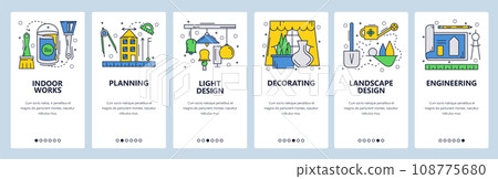 Web site onboarding screens. House construction plan, building decoration and repair. Menu vector banner template for website and mobile app development. Modern design linear art flat illustration. Web site onboarding screens. House construction plan, building decoration and repair. Menu vector banner template for website and mobile app development. Modern design linear art flat illustration. 108775680