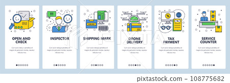 Web site onboarding screens. Delivery and shipping service. Post office. Menu vector banner template for website and mobile app development. Modern design linear art flat illustration. Web site onboarding screens. Delivery and shipping service. Post office. Menu vector banner template for website and mobile app development. Modern design linear art flat illustration. 108775682