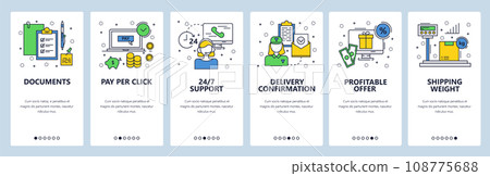 Web site onboarding screens. Online shopping, call center, advertising, shipping. Menu vector banner template for website and mobile app development. Modern design linear art flat illustration. Web site onboarding screens. Online shopping, call center, advertising, shipping. Menu vector banner template for website and mobile app development. Modern design linear art flat illustration. 108775688