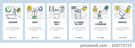 Web site onboarding screens. Bathroom accessories, shower, soap dispenser and deodorant. Menu vector banner template for website and mobile app development. Modern design linear art flat illustration. 108775725