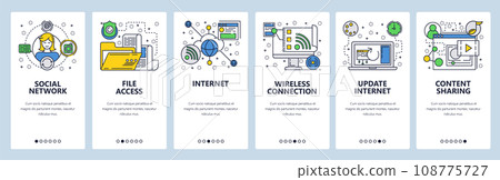 Web site onboarding screens. Internet and global network services. Wireless connection and document access. Menu vector banner template for website and mobile app development. Web site onboarding screens. Internet and global network services. Wireless connection and document access. Menu vector banner template for website and mobile app development. 108775727