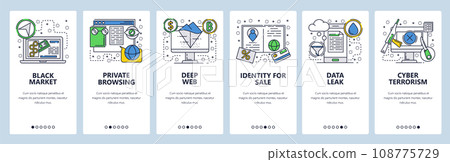 Web site onboarding screens. Cyber terrorism, security and hacking. Private browsing and deep web. Menu vector banner template for website and mobile app development. 108775729