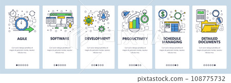 Web site onboarding screens. Software development and team management. Menu vector banner template for website and mobile app development. Modern design linear art flat illustration. 108775732
