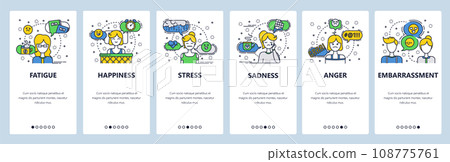 Web site onboarding screens. Human feelings and emotions. Menu vector banner template for website and mobile app development. Modern design linear art flat illustration. Web site onboarding screens. Human feelings and emotions. Menu vector banner template for website and mobile app development. Modern design linear art flat illustration. 108775761