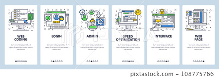 Web site onboarding screens. Coding interface and secure login. Menu vector banner template for website and mobile app development. Modern design linear art flat illustration. 108775766