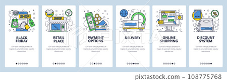 Web site onboarding screens. Online shopping and black friday sales. Menu vector banner template for website and mobile app development. Modern design linear art flat illustration. 108775768