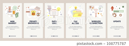 Web site onboarding screens. Cyber security and internet secure access. Privacy and data leak. Menu vector banner template for website and mobile app development. Modern design flat illustration. Web site onboarding screens. Cyber security and internet secure access. Privacy and data leak. Menu vector banner template for website and mobile app development. Modern design flat illustration. 108775787