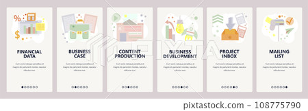 Web site onboarding screens. Financial data, business development, content production. Menu vector banner template for website and mobile app development. Modern design flat illustration. 108775790
