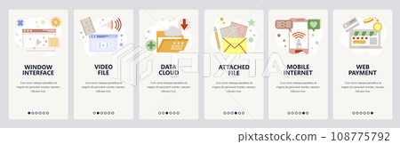 Web site onboarding screens. Data cloud sync, media files and mobile internet. Menu vector banner template for website and mobile app development. Modern design flat illustration. Web site onboarding screens. Data cloud sync, media files and mobile internet. Menu vector banner template for website and mobile app development. Modern design flat illustration. 108775792