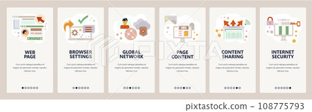 Web site onboarding screens. Online cyber security and privacy. Internet services. Menu vector banner template for website and mobile app development. Modern design flat illustration. Web site onboarding screens. Online cyber security and privacy. Internet services. Menu vector banner template for website and mobile app development. Modern design flat illustration. 108775793