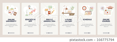 Web site onboarding screens. Online education, e-learning and digital library. Internet courses and tutorials. Menu vector banner template for website and mobile app development. flat illustration. Web site onboarding screens. Online education, e-learning and digital library. Internet courses and tutorials. Menu vector banner template for website and mobile app development. flat illustration. 108775794