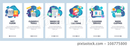 Web site onboarding screens. Cleaning, floor, washing clothes and dry laundry. Menu vector banner template for website and mobile app development. Modern design flat illustration. Web site onboarding screens. Cleaning, floor, washing clothes and dry laundry. Menu vector banner template for website and mobile app development. Modern design flat illustration. 108775800
