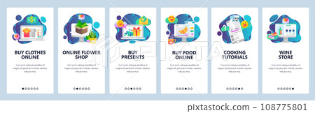 Web site onboarding screens. Online shopping. Clothes, food, wine and flower internet store. Menu vector banner template for website and mobile app development. Modern design flat illustration. Web site onboarding screens. Online shopping. Clothes, food, wine and flower internet store. Menu vector banner template for website and mobile app development. Modern design flat illustration. 108775801