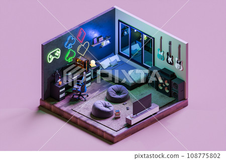 Bedroom gamer room with neon light. 3D isometric render Bedroom gamer room with neon light. 3D isometric render 108775802