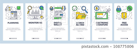 Web site onboarding screens. Online services, electronic signature, digital wallet.. Menu vector banner template for website and mobile app development. Modern design flat illustration. 108775806