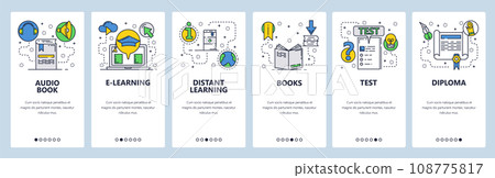 Web site onboarding screens. Online education and e-learning. Books, exams and diploma. Menu vector banner template for website and mobile app development. Modern design flat illustration. Web site onboarding screens. Online education and e-learning. Books, exams and diploma. Menu vector banner template for website and mobile app development. Modern design flat illustration. 108775817