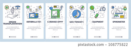 Web site onboarding screens. Medical equipment and hospital tools. Medicine and healthcare icons. Menu vector banner template for website and mobile app development. Modern design flat illustration. Web site onboarding screens. Medical equipment and hospital tools. Medicine and healthcare icons. Menu vector banner template for website and mobile app development. Modern design flat illustration. 108775822