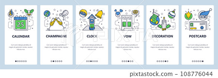 Web site onboarding screens. Holiday celebration and decoration. Menu vector banner template for website and mobile app development. Modern design flat illustration. Web site onboarding screens. Holiday celebration and decoration. Menu vector banner template for website and mobile app development. Modern design flat illustration. 108776044