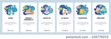 Web site onboarding screens. Vacation in Paris, France. French breakfast, shopping, fashion and wine. Menu vector banner template for website and mobile app development. illustration. 108776058
