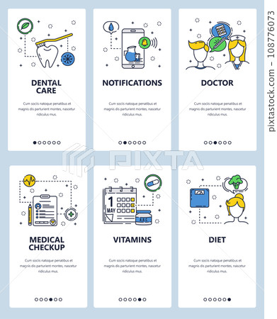 Vector web site linear art onboarding screens template. Healthcare and medical checkups, doctor, vitamins. Menu banners for website and mobile app development. Modern design flat illustration. 108776073