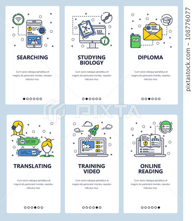 Vector web site linear art onboarding screens template. Online education and e-learning icons. Menu banners for website and mobile app development. Modern design flat illustration. Vector web site linear art onboarding screens template. Online education and e-learning icons. Menu banners for website and mobile app development. Modern design flat illustration. 108776077