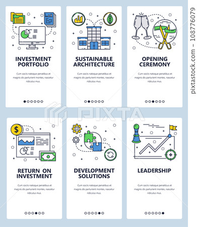Vector web site linear art onboarding screens template. Business and investment. Menu banners for website and mobile app development. Modern design flat illustration. Vector web site linear art onboarding screens template. Business and investment. Menu banners for website and mobile app development. Modern design flat illustration. 108776079