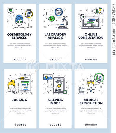 Vector web site linear art onboarding screens template. Healthcare and healthy lifestyle. Online doctor consultation Menu banners for website and mobile app development. flat illustration. Vector web site linear art onboarding screens template. Healthcare and healthy lifestyle. Online doctor consultation Menu banners for website and mobile app development. flat illustration. 108776080