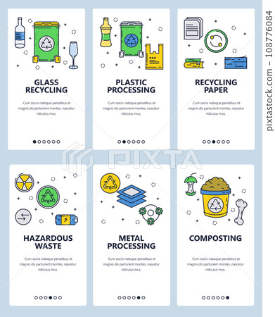 Vector web site linear art onboarding screens template. Waste recycling. Menu banners for website and mobile app development. Modern design flat illustration. Vector web site linear art onboarding screens template. Waste recycling. Menu banners for website and mobile app development. Modern design flat illustration. 108776084
