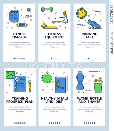 Vector web site linear art onboarding screens template. Fitness gadgets and sport equipment. Menu banners for website and mobile app development. Modern design flat illustration. 108776085
