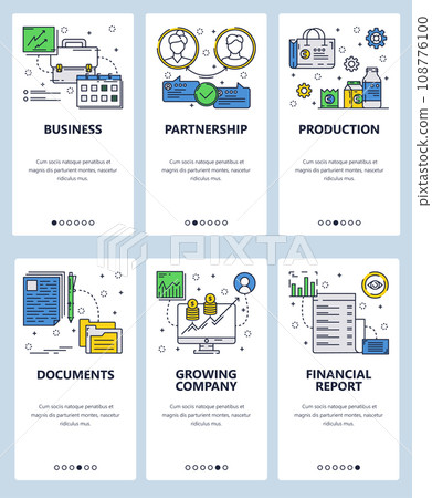Vector web site linear art onboarding screens template. Business partnership and financial icons. Menu banners for website and mobile app development. Modern design flat illustration. 108776100