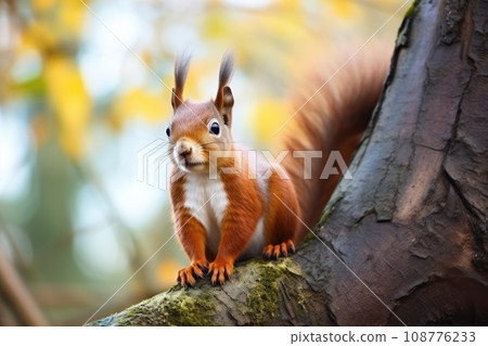 Red squirrel sitting on a branch in the forest Red squirrel sitting on a branch in the forest 108776233