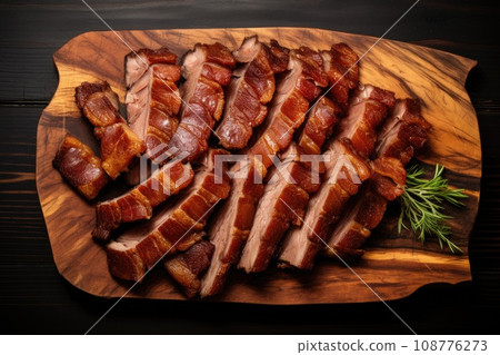 Sliced roast pork on a wooden cutting board 108776273