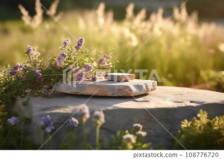 Stone podium display with green leaves, wild flower. Copy space nature background. Cosmetics or beauty product promotion mockup. Generative AI. 108776720