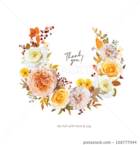 Fall flowers wreath bouquet. Watercolor vector floral illustration. Wedding invite, Thanksgiving thank you card template design. Peach yellow rose, dahlia, red berries orange eucalyptus leaves element 108777044