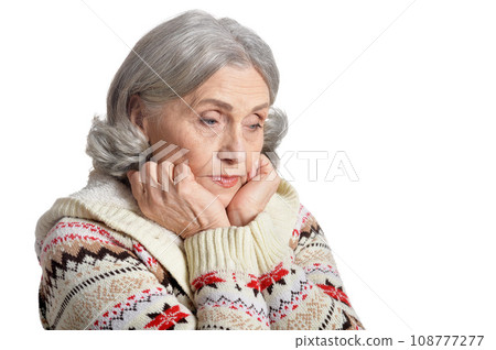 thoughtful senior woman isolated on white background thoughtful senior woman isolated on white background 108777277