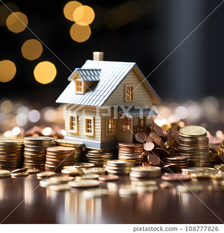 house model and coins on white background. real estate and investment concept. 108777826