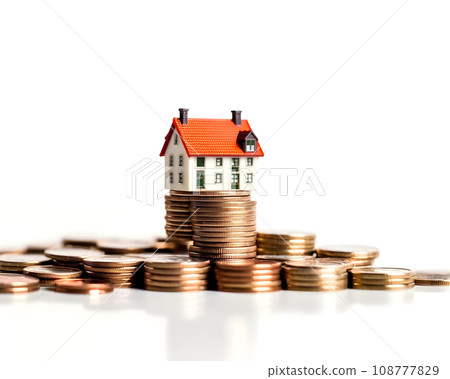house model and coins on white background. real estate and investment concept. 108777829