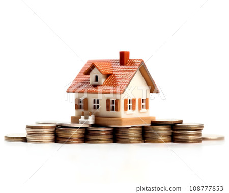 house model and coins on white background. real estate and investment concept. 108777853
